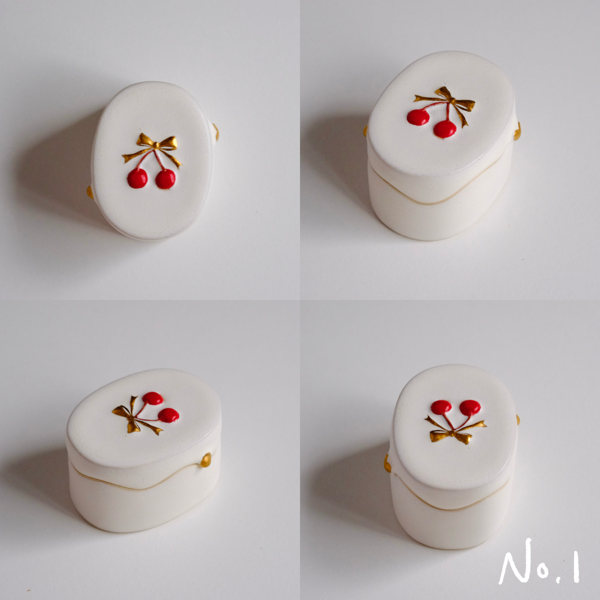 Bowknot Cherry Oval Gold Dot Lid Box